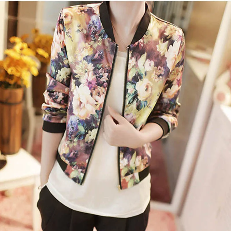 Women Spring Jackets Short Tops Long Sleeve Floral Print Coat Vintage Women Clothing Bomber Jacket Chaquetas Mujer