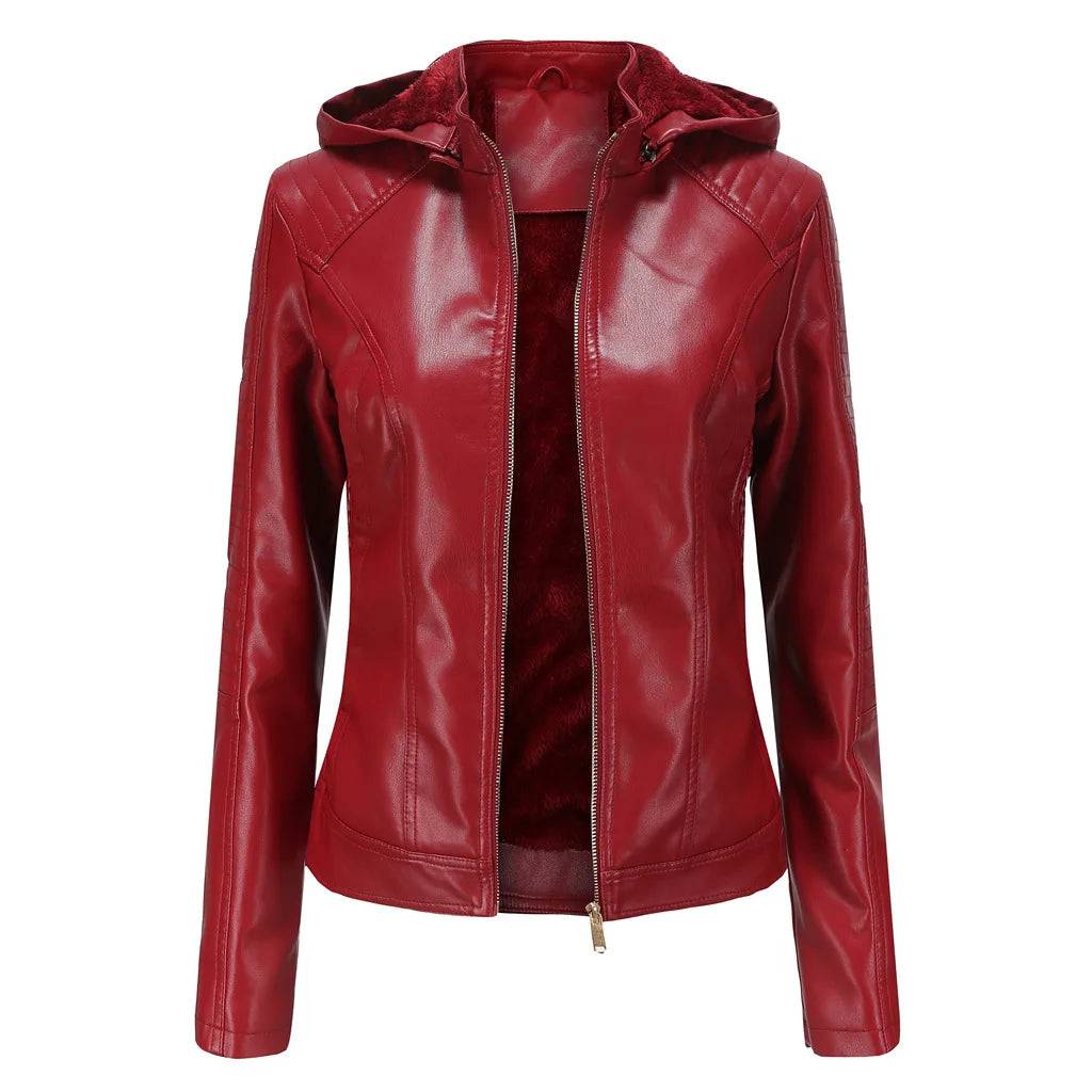 Fleece Hooded Leather Jacket Women's Trim Motorcycle Women Coat Zipper Switch Tops Red Khaki Grey