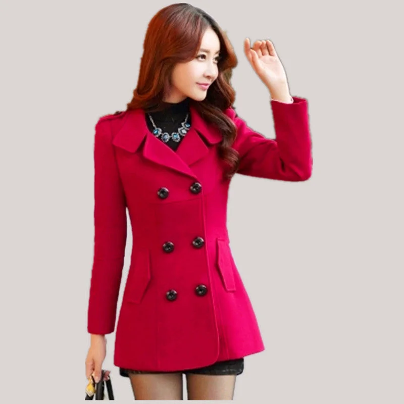 Women Woolen Coats Winter Trench Coat Fashion Solid Double Breasted Overcoat Turn-down Collar Slim Outerwear C8103