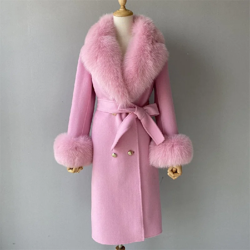 Women's Pink Wool Real Fur Collar Cuffs Double-Faced Winter Long Jacket