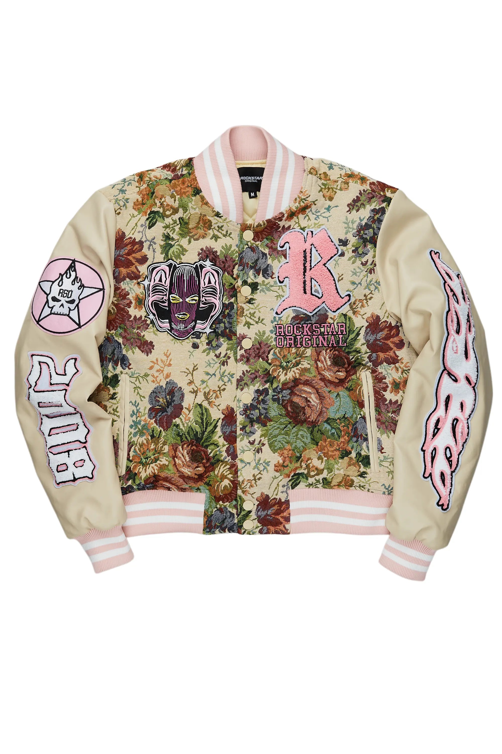 Lakiela Beige Oversized Tapestry Varsity Jacket