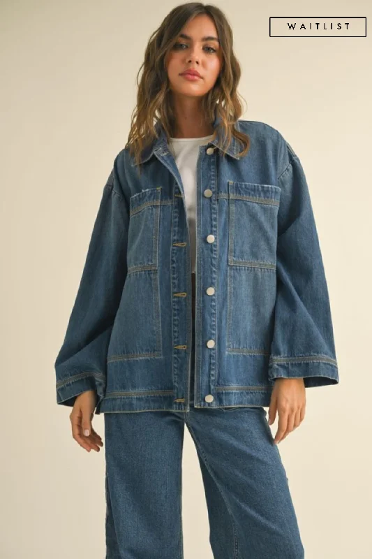 Waitlist 2/5 ♥ Kimber Long Sleeve Side Tie Oversized Denim Jacket Dark Wash