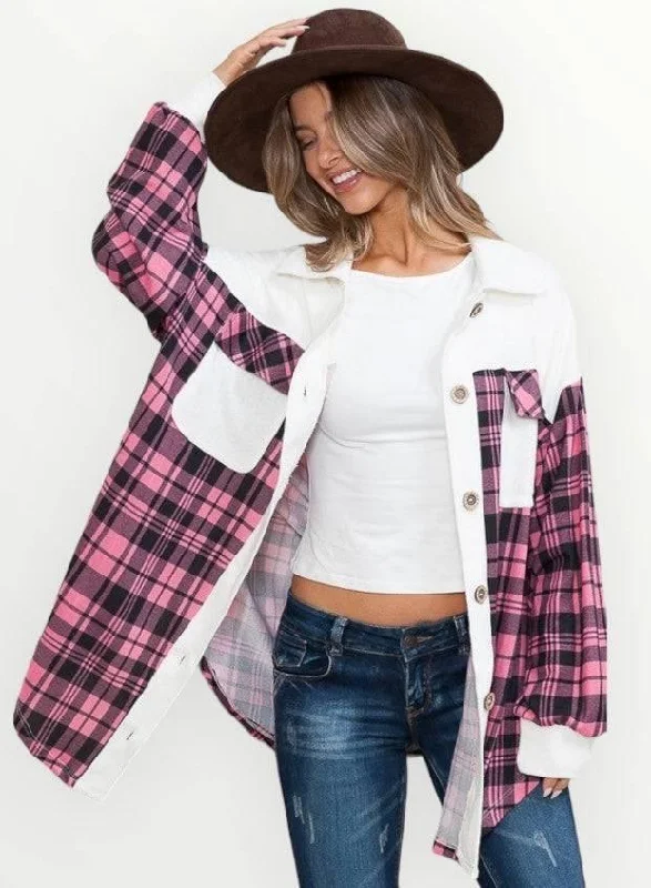 Pink plaid oversized shacket with pockets